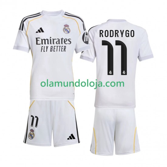 Camisola Real Madrid Rodrygo 11 Criança Equipamento Primeiro 2025-2026 Manga Curta